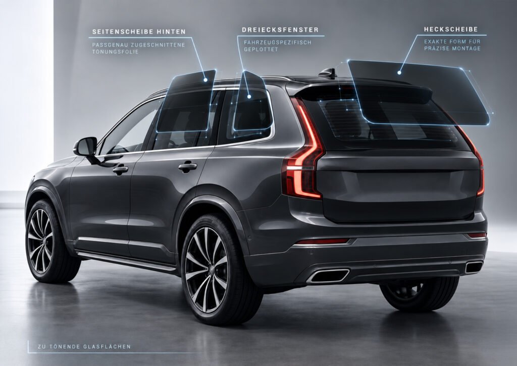 SUV mit passgenau zugeschnittenen Tönungsfolien für Heck- und Seitenscheiben – Scheibentönung Salzburg im Blueprint-Stil