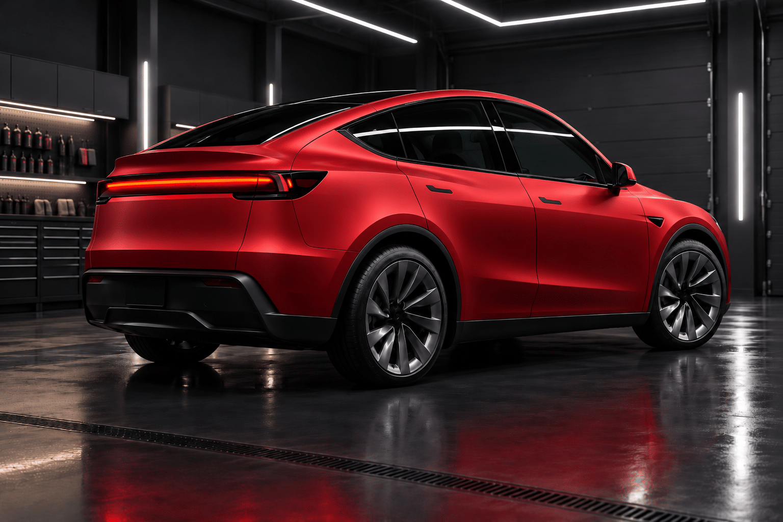 Rotes Fahrzeug mit matter Stealth-PPF-Lackschutzfolie in einer modernen Werkstatt.