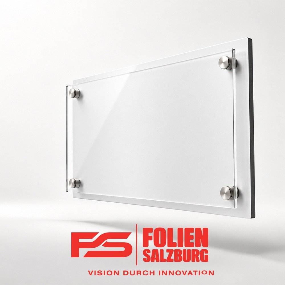 Leichtes Schild aus weißer Forex-Hartschaumplatte mit klarer Acrylglasfront in moderner Ausführung