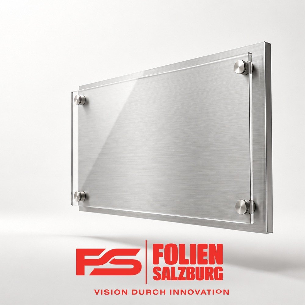 Modernes Schild aus gebürstetem Aluminium mit klarer Acrylglasfront und Abstandshaltern