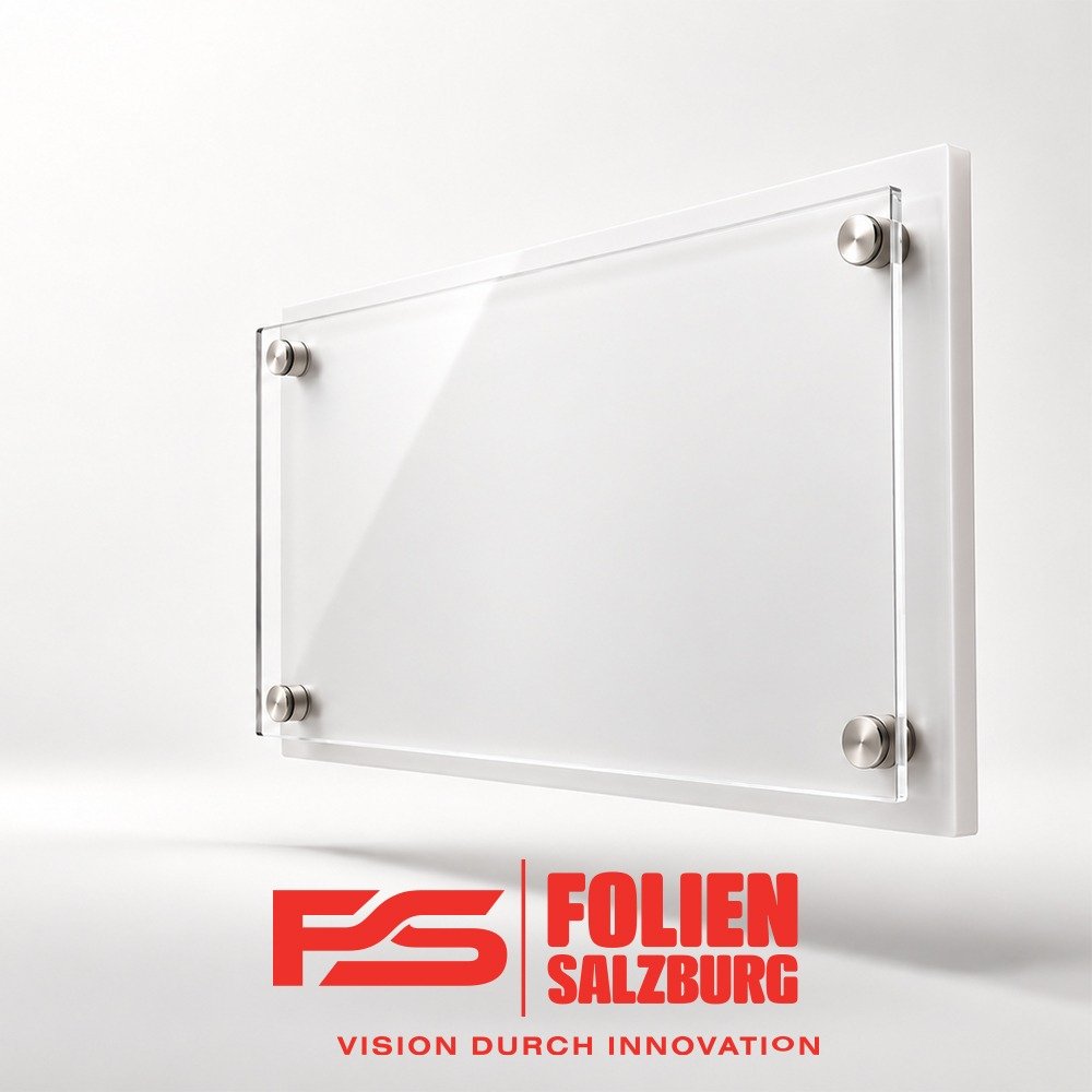 Schild mit opaler Acrylglasrückwand und transparenter Acrylglasfront im minimalistischen Produktstil